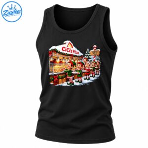 Christmas pizza shirt design with a snowy CiCi’s Pizza stand, festive elves, holiday lights, and a North Pole sign