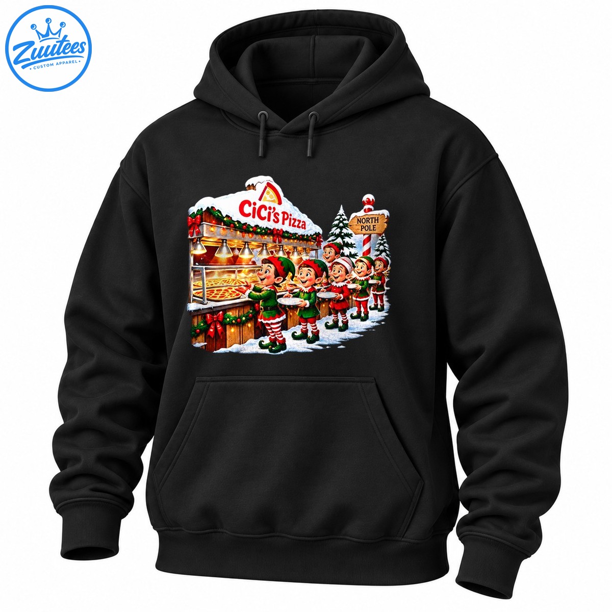 Christmas pizza shirt design with a snowy CiCi’s Pizza stand, festive elves, holiday lights, and a North Pole sign Christmas pizza shirt design with a snowy CiCi’s Pizza stand, festive elves, holiday lights, and a North Pole sign