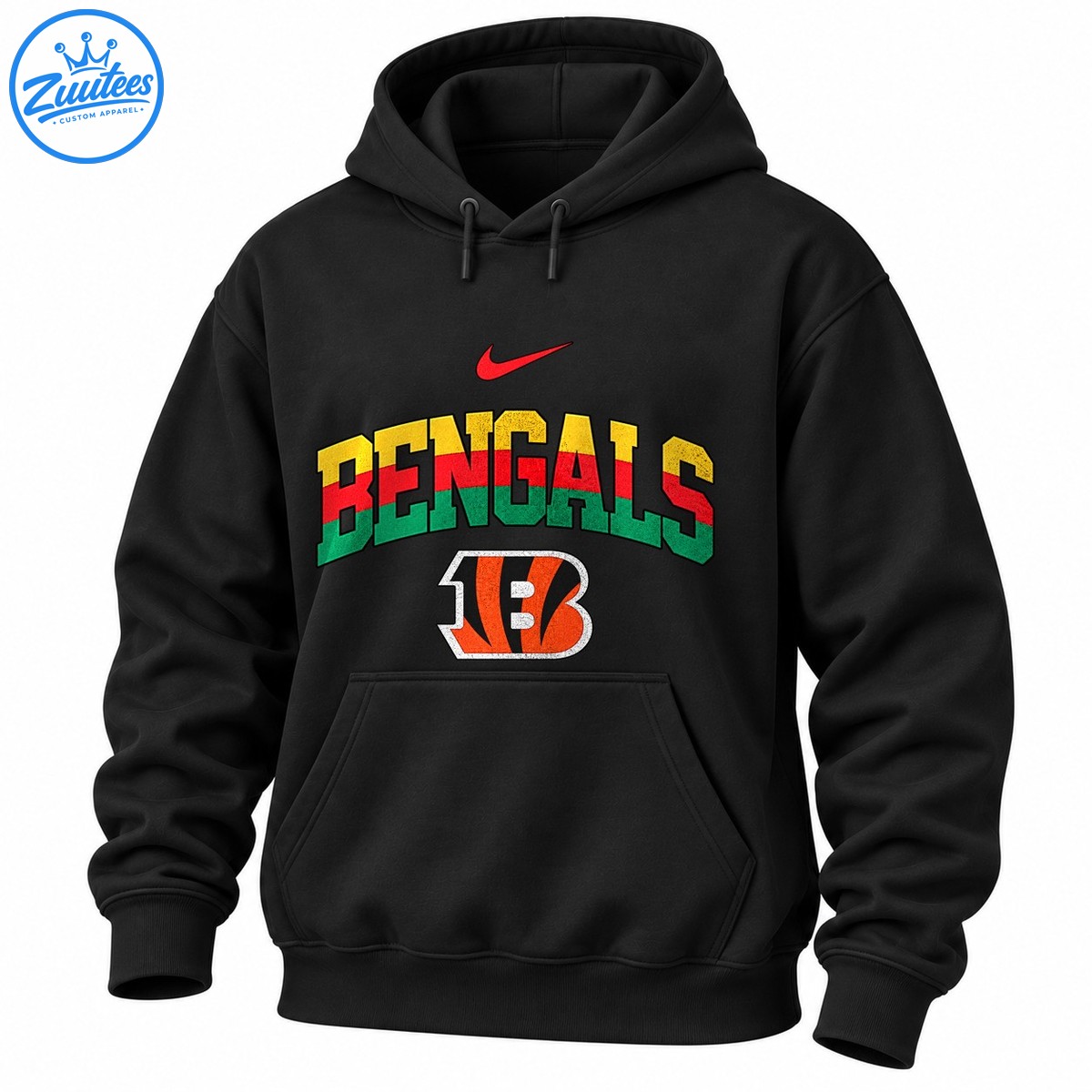 BENGALS lettering in yellow, red, and green with a red swoosh and orange black tiger striped B emblem BENGALS lettering in yellow, red, and green with a red swoosh and orange-black tiger-striped B emblem