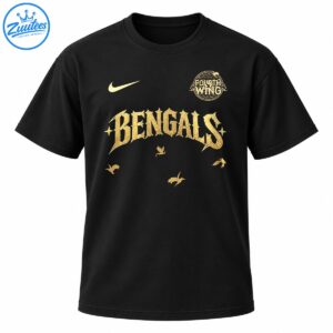 Golden gothic BENGALS lettering with a circular FOURTH WING emblem, swoosh, stars, and flying bird accents on black
