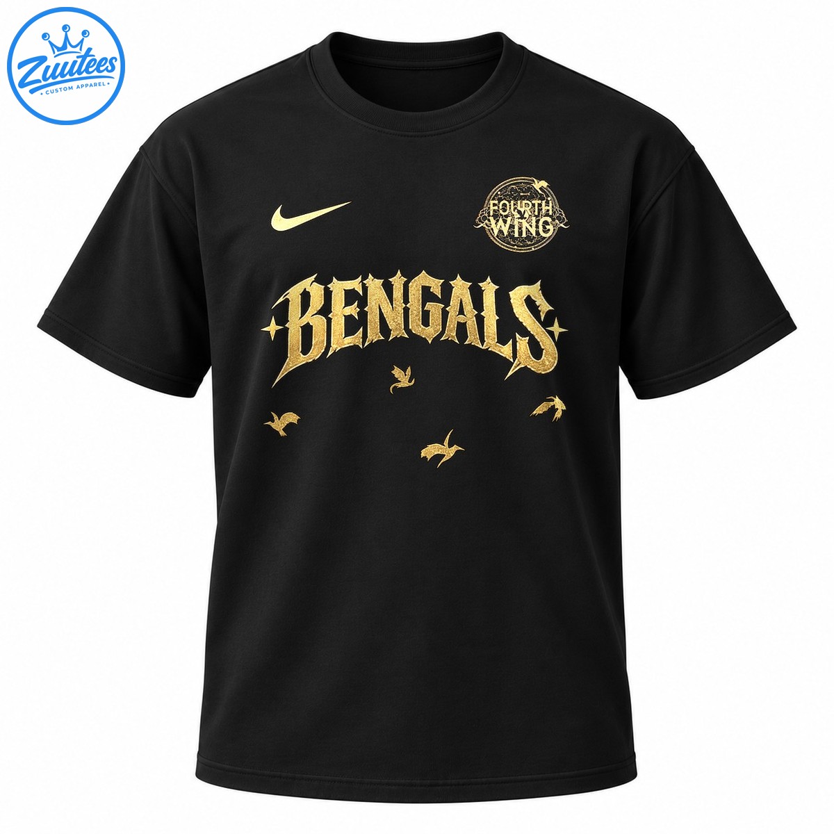 Golden gothic BENGALS lettering with a circular FOURTH WING emblem, swoosh, stars, and flying bird accents on black Golden gothic BENGALS lettering with a circular FOURTH WING emblem, swoosh, stars, and flying bird accents on black