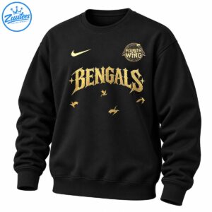 Golden gothic BENGALS lettering with a circular FOURTH WING emblem, swoosh, stars, and flying bird accents on black