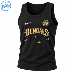 Golden gothic BENGALS lettering with a circular FOURTH WING emblem, swoosh, stars, and flying bird accents on black