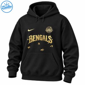 Golden gothic BENGALS lettering with a circular FOURTH WING emblem, swoosh, stars, and flying bird accents on black