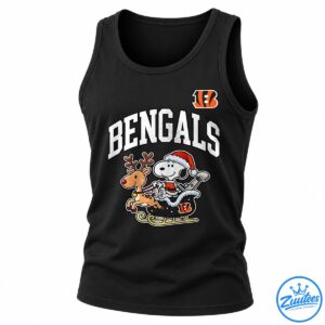 Bengals Snoopy Christmas football shirt design with Snoopy in a Santa suit riding a sleigh with a reindeer beneath bold BENGALS lettering.
