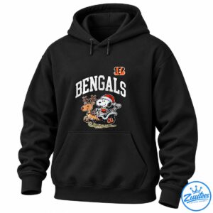 Bengals Snoopy Christmas football shirt design with Snoopy in a Santa suit riding a sleigh with a reindeer beneath bold BENGALS lettering.