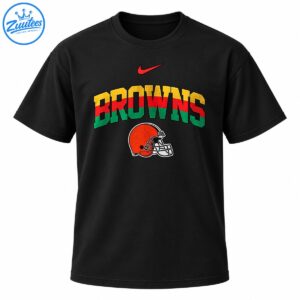 BROWNS lettering in distressed yellow, red, and green above an orange football helmet with a red swoosh graphic.