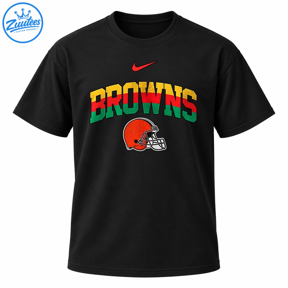 BROWNS lettering in distressed yellow, red, and green above an orange football helmet with a red swoosh graphic. BROWNS lettering in distressed yellow, red, and green above an orange football helmet with a red swoosh graphic.