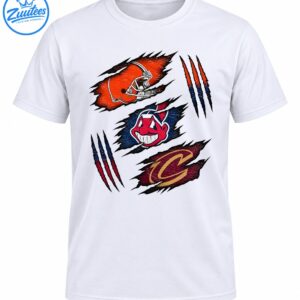 Cleveland sports graphic with an orange football helmet, red smiling baseball mascot, gold C, and distressed claw marks
