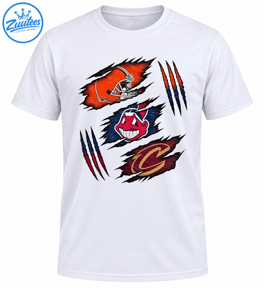 Cleveland sports graphic with an orange football helmet, red smiling baseball mascot, gold C, and distressed claw marks Cleveland sports graphic with an orange football helmet, red smiling baseball mascot, gold C, and distressed claw marks