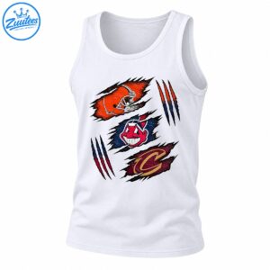 Cleveland sports graphic with an orange football helmet, red smiling baseball mascot, gold C, and distressed claw marks
