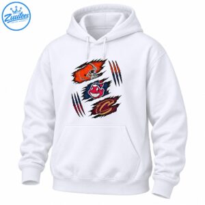 Cleveland sports graphic with an orange football helmet, red smiling baseball mascot, gold C, and distressed claw marks