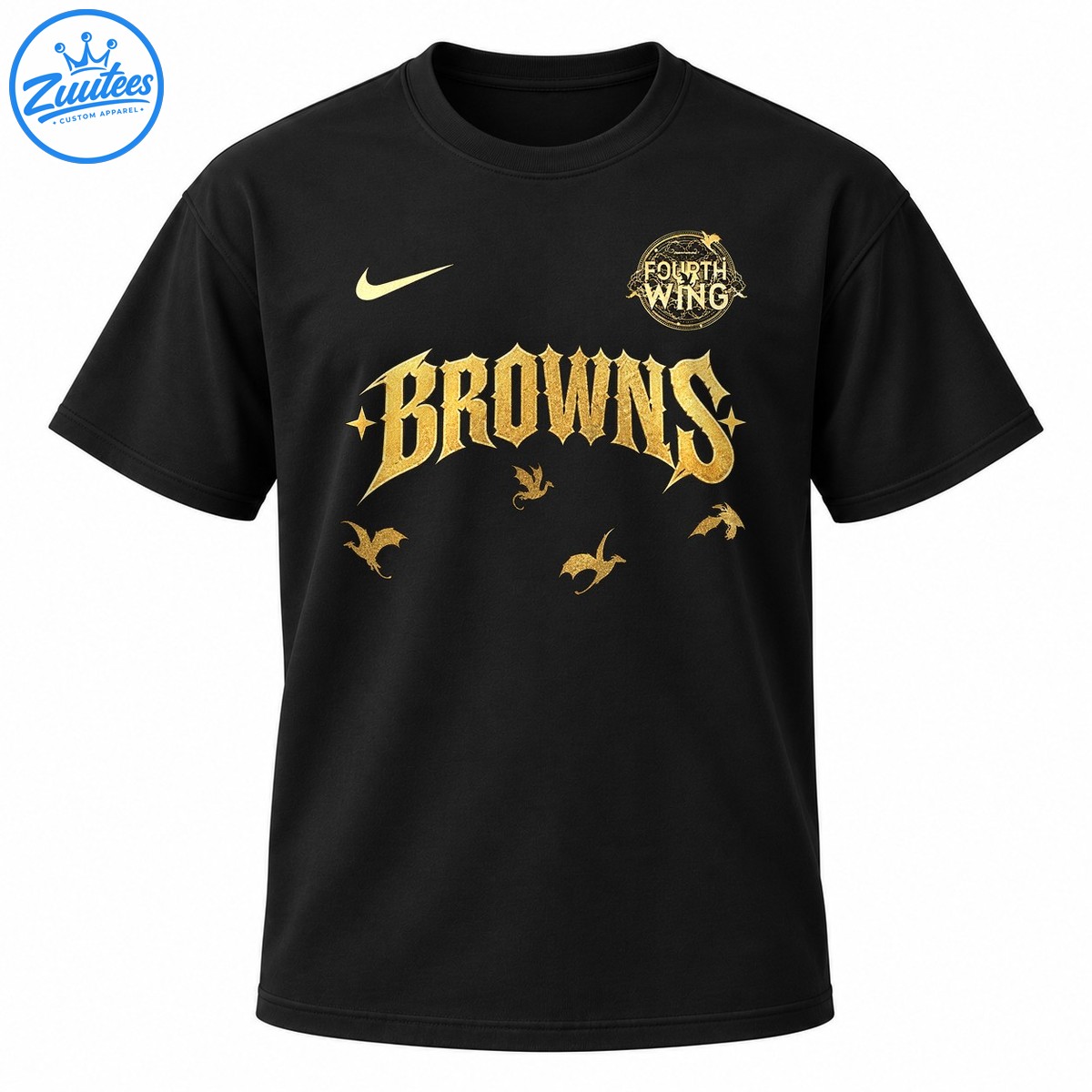 Golden BROWNS gothic lettering with a circular FOURTH WING emblem, gold swoosh, stars, and winged creatures Golden BROWNS gothic lettering with a circular FOURTH WING emblem, gold swoosh, stars, and winged creatures