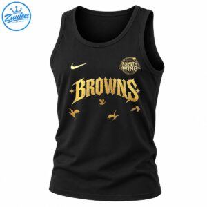 Golden BROWNS gothic lettering with a circular FOURTH WING emblem, gold swoosh, stars, and winged creatures