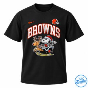 BROWNS shirt design with Snoopy in a Santa hat riding a sleigh with a reindeer and orange football helmets