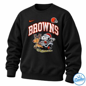BROWNS shirt design with Snoopy in a Santa hat riding a sleigh with a reindeer and orange football helmets