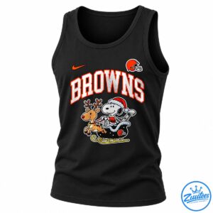 BROWNS shirt design with Snoopy in a Santa hat riding a sleigh with a reindeer and orange football helmets