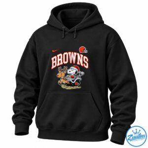 BROWNS shirt design with Snoopy in a Santa hat riding a sleigh with a reindeer and orange football helmets