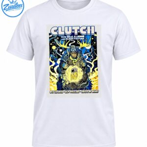 Clutch concert design with a bearded figure, golden antlers, cosmic swirls, and October 2026 New Orleans concert text