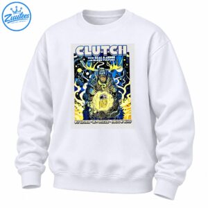 Clutch concert design with a bearded figure, golden antlers, cosmic swirls, and October 2026 New Orleans concert text