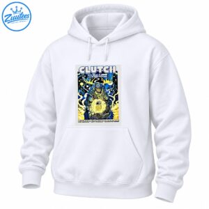 Clutch concert design with a bearded figure, golden antlers, cosmic swirls, and October 2026 New Orleans concert text