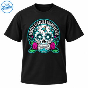White sugar skull with turquoise floral eyes, pink roses, green leaves, rooster artwork, and Gothic Coastal Carolina Chanticleers lettering