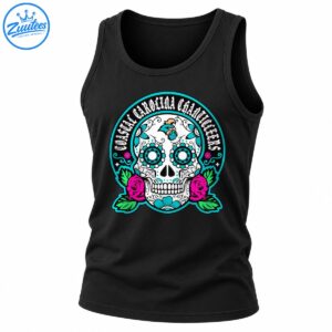 White sugar skull with turquoise floral eyes, pink roses, green leaves, rooster artwork, and Gothic Coastal Carolina Chanticleers lettering