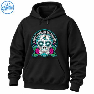 White sugar skull with turquoise floral eyes, pink roses, green leaves, rooster artwork, and Gothic Coastal Carolina Chanticleers lettering