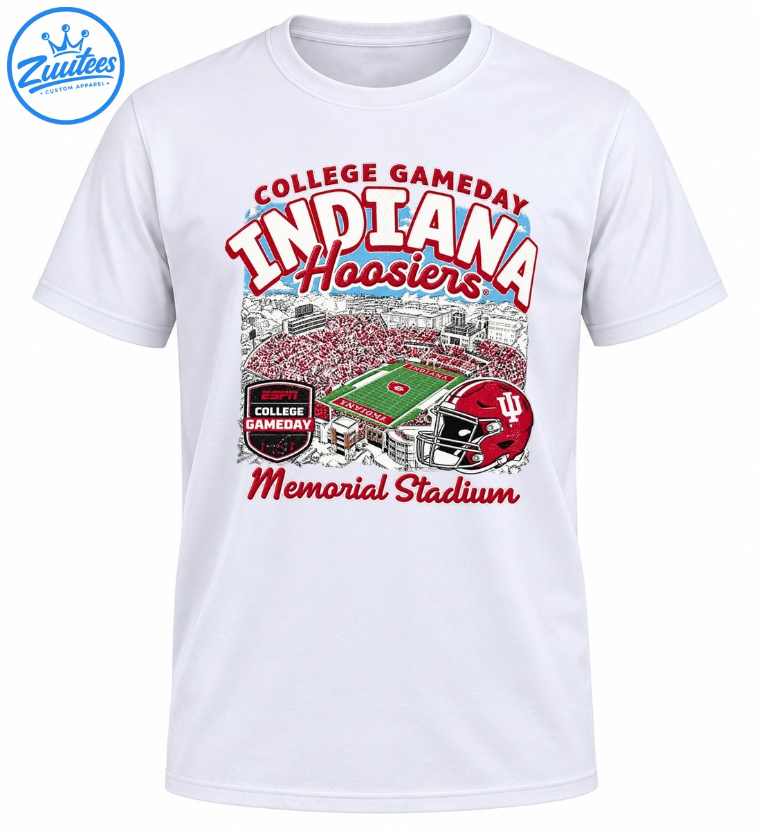 Indiana Hoosiers College Gameday shirt graphic with Memorial Stadium, crimson football helmet and vintage lettering Indiana Hoosiers College Gameday shirt graphic with Memorial Stadium, crimson football helmet and vintage lettering