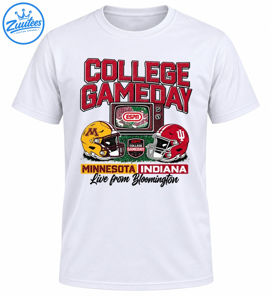Vintage College Gameday shirt design with Minnesota and Indiana football helmets, ESPN retro TV and Bloomington text Vintage College Gameday shirt design with Minnesota and Indiana football helmets, ESPN retro TV and Bloomington text