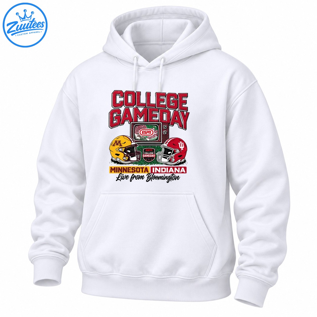 Vintage College Gameday shirt design with Minnesota and Indiana football helmets, ESPN retro TV and Bloomington text Vintage College Gameday shirt design with Minnesota and Indiana football helmets, ESPN retro TV and Bloomington text