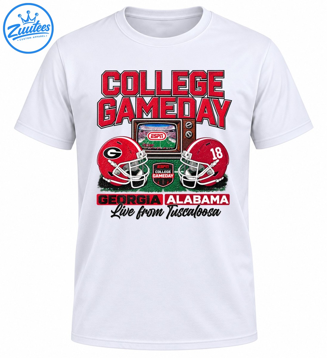 College Gameday Georgia Alabama football graphic with retro ESPN television, red helmets and Live from Tuscaloosa text College Gameday Georgia Alabama football graphic with retro ESPN television, red helmets and Live from Tuscaloosa text