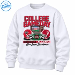 College Gameday Georgia Alabama football graphic with retro ESPN television, red helmets and Live from Tuscaloosa text