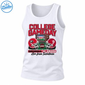 College Gameday Georgia Alabama football graphic with retro ESPN television, red helmets and Live from Tuscaloosa text