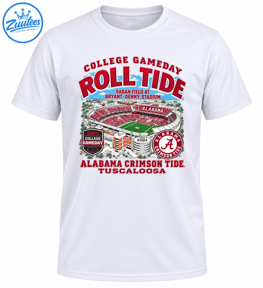 College Gameday Roll Tide shirt graphic featuring Bryant Denny Stadium, Alabama Crimson Tide logos and Tuscaloosa text College Gameday Roll Tide shirt graphic featuring Bryant-Denny Stadium, Alabama Crimson Tide logos and Tuscaloosa text