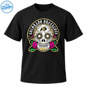 Colorado Buffaloes sugar skull design with gold floral eyes, magenta roses, green leaves, and black circular lettering