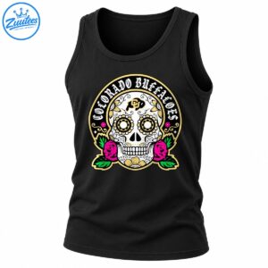 Colorado Buffaloes sugar skull design with gold floral eyes, magenta roses, green leaves, and black circular lettering