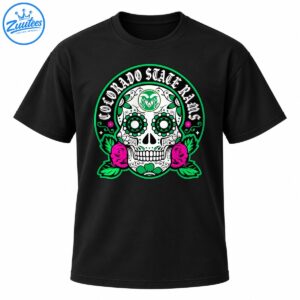 Colorado State Rams sugar skull design with white lettering, green floral eye sockets, magenta roses, and green foliage.