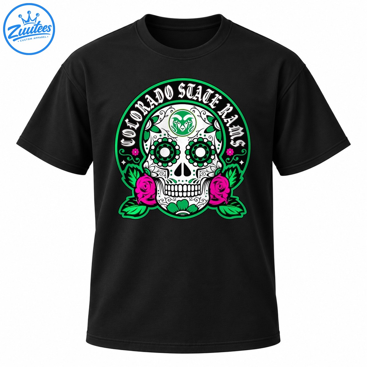 Colorado State Rams sugar skull design with white lettering, green floral eye sockets, magenta roses, and green foliage. Colorado State Rams sugar skull design with white lettering, green floral eye sockets, magenta roses, and green foliage.