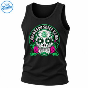 Colorado State Rams sugar skull design with white lettering, green floral eye sockets, magenta roses, and green foliage.