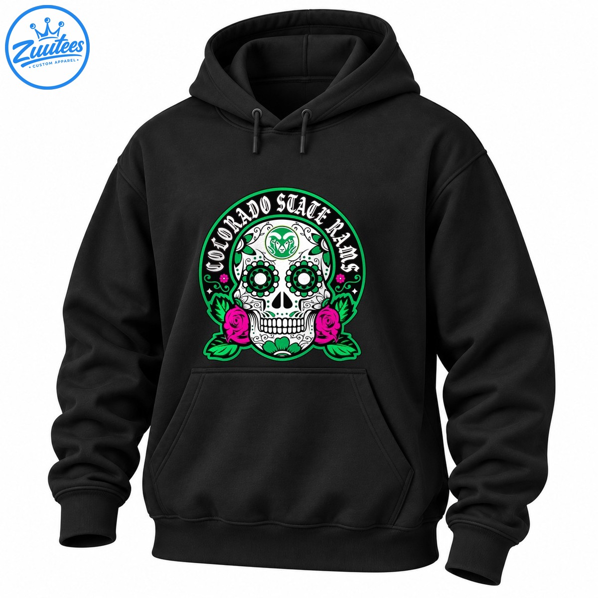Colorado State Rams sugar skull design with white lettering, green floral eye sockets, magenta roses, and green foliage. Colorado State Rams sugar skull design with white lettering, green floral eye sockets, magenta roses, and green foliage.