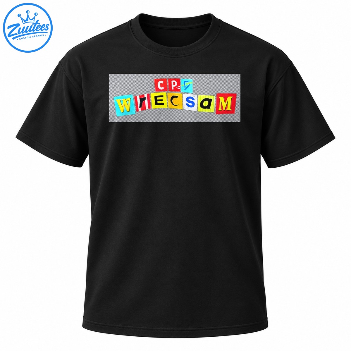 CP WRECSaM Welsh football design with colorful cutout letter tiles and a blue and green geometric symbol CP WRECSaM Welsh football design with colorful cutout letter tiles and a blue and green geometric symbol