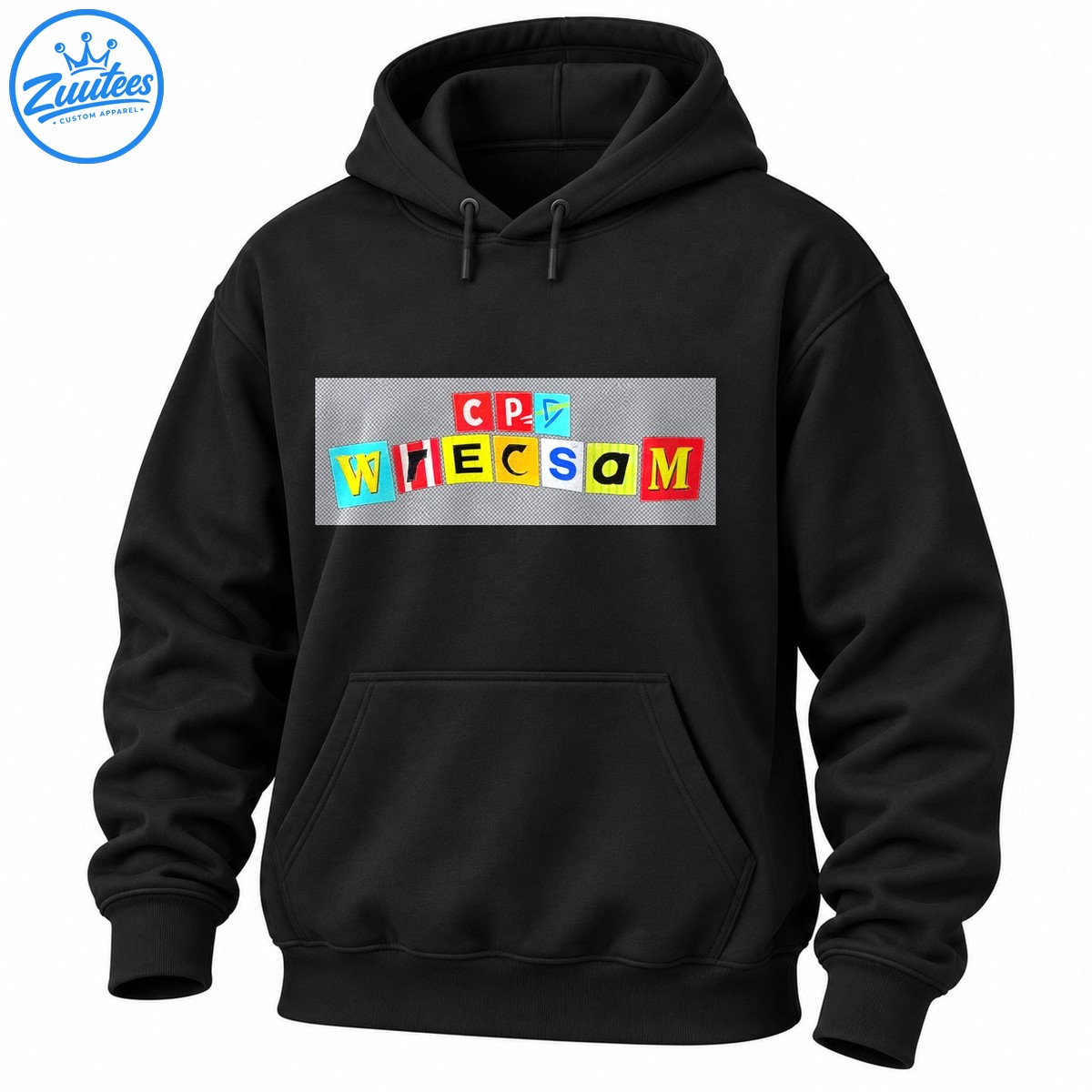 CP WRECSaM Welsh football design with colorful cutout letter tiles and a blue and green geometric symbol CP WRECSaM Welsh football design with colorful cutout letter tiles and a blue and green geometric symbol