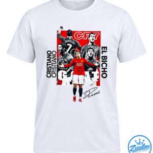 Cristiano Ronaldo collage shirt design with CR7 lettering, number 7 jersey, red football kit, El Bicho text, and signature graphic