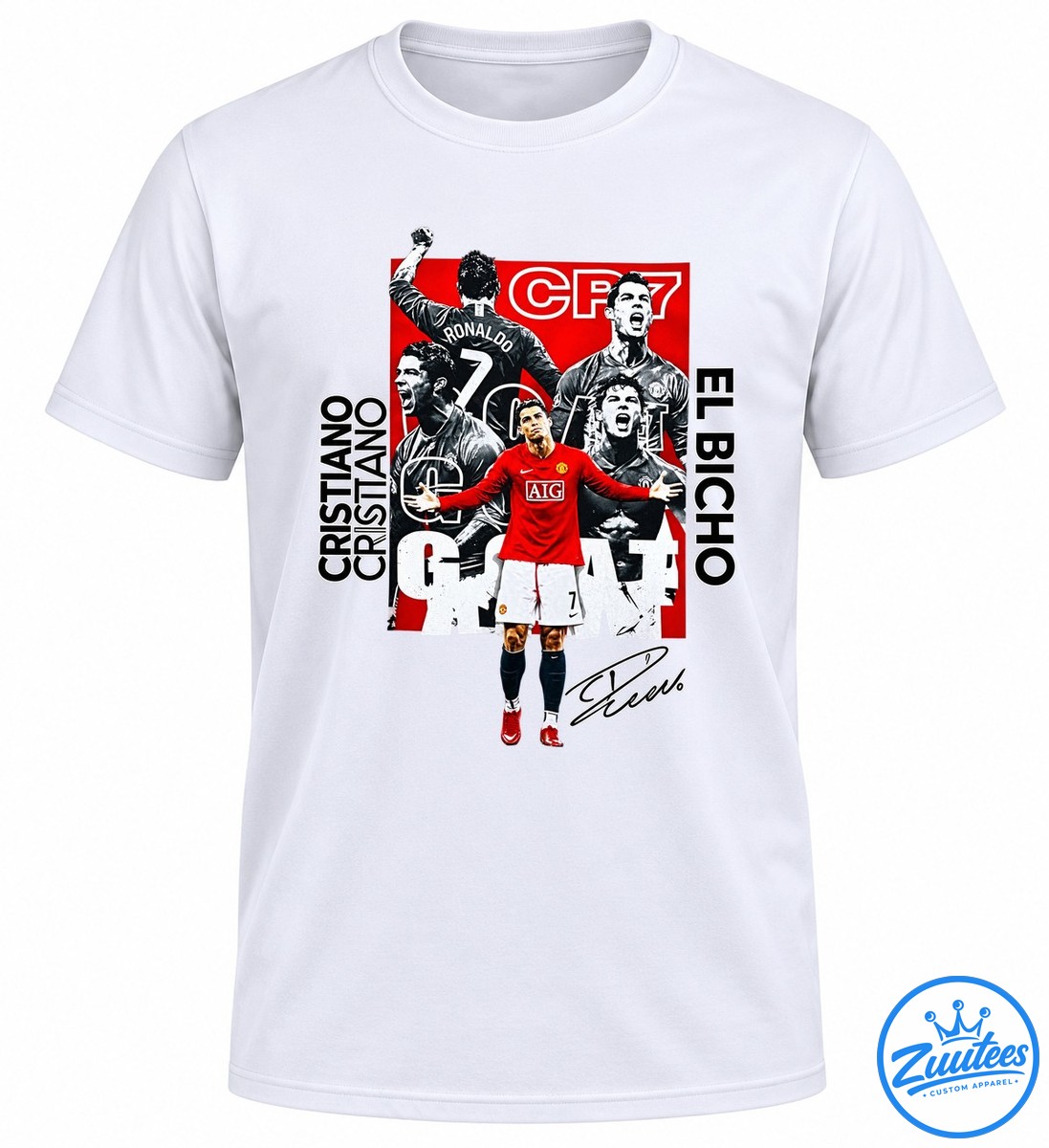 Cristiano Ronaldo Manchester United Cr7 El Bicho Signature Shirt Cristiano Ronaldo collage shirt design with CR7 lettering, number 7 jersey, red football kit, El Bicho text, and signature graphic