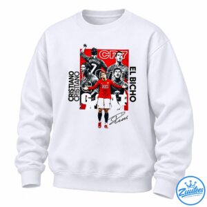 Cristiano Ronaldo collage shirt design with CR7 lettering, number 7 jersey, red football kit, El Bicho text, and signature graphic
