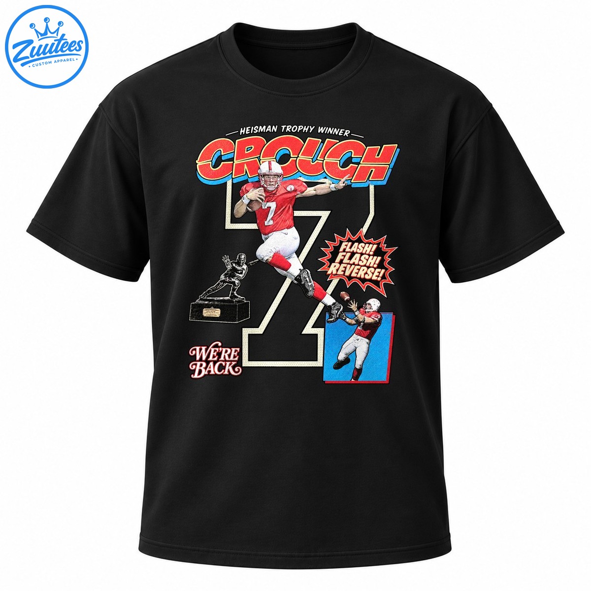 Crouch Heisman Trophy Winner retro football graphic with red number 7 quarterback, trophy, and vintage lettering Crouch Heisman Trophy Winner retro football graphic with red number 7 quarterback, trophy, and vintage lettering
