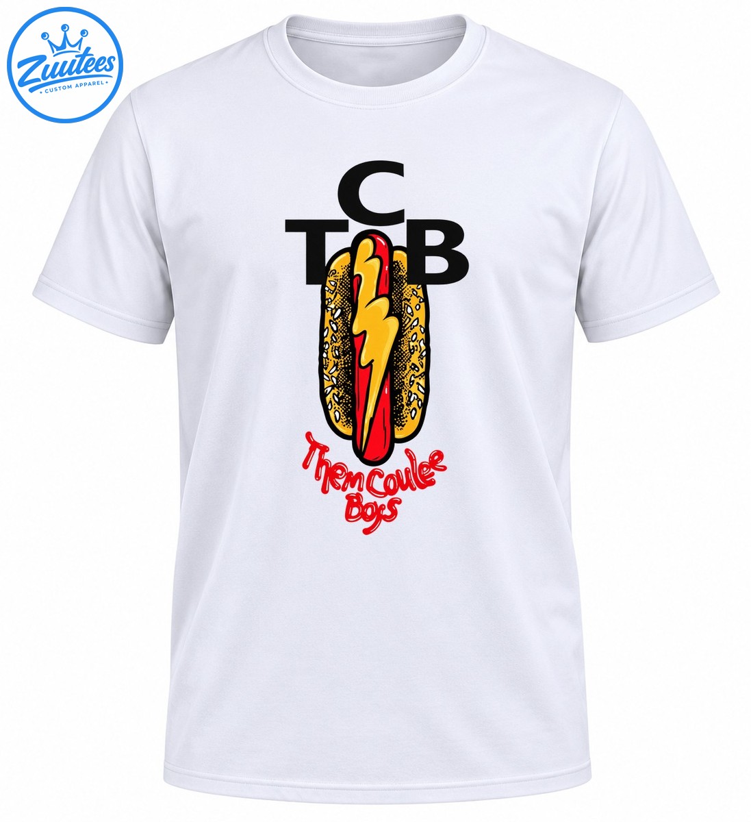 Cartoon hot dog with a yellow lightning bolt, black CTB lettering, and red Them Coulee Boys text Cartoon hot dog with a yellow lightning bolt, black CTB lettering, and red Them Coulee Boys text