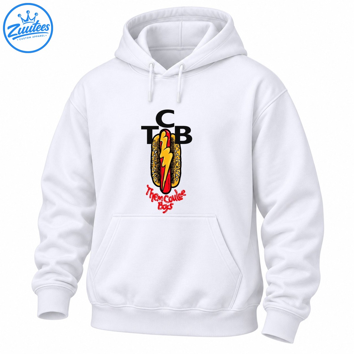 Cartoon hot dog with a yellow lightning bolt, black CTB lettering, and red Them Coulee Boys text Cartoon hot dog with a yellow lightning bolt, black CTB lettering, and red Them Coulee Boys text