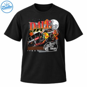 Dale Jr 8 vintage racing shirt graphic with Tracker Boats stock car, Bass Pro Shops logos and full moon